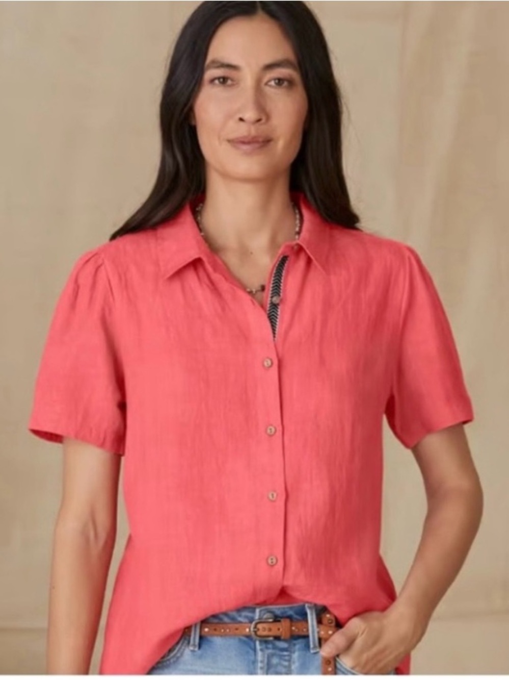 Sundance Tales Coral Button-Front Short Sleeve Linen Shirt